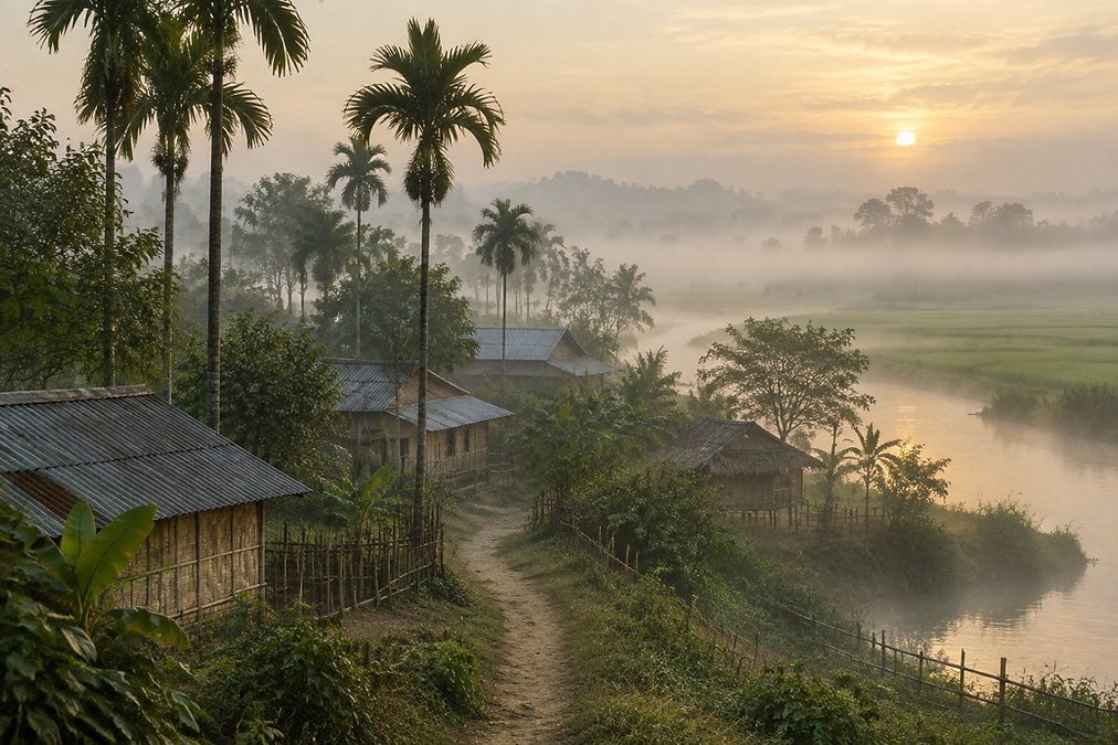 Traditional stilt houses in misty Assam landscape