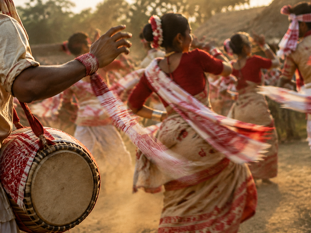 Bihu dance celebration with traditional red and white clothing