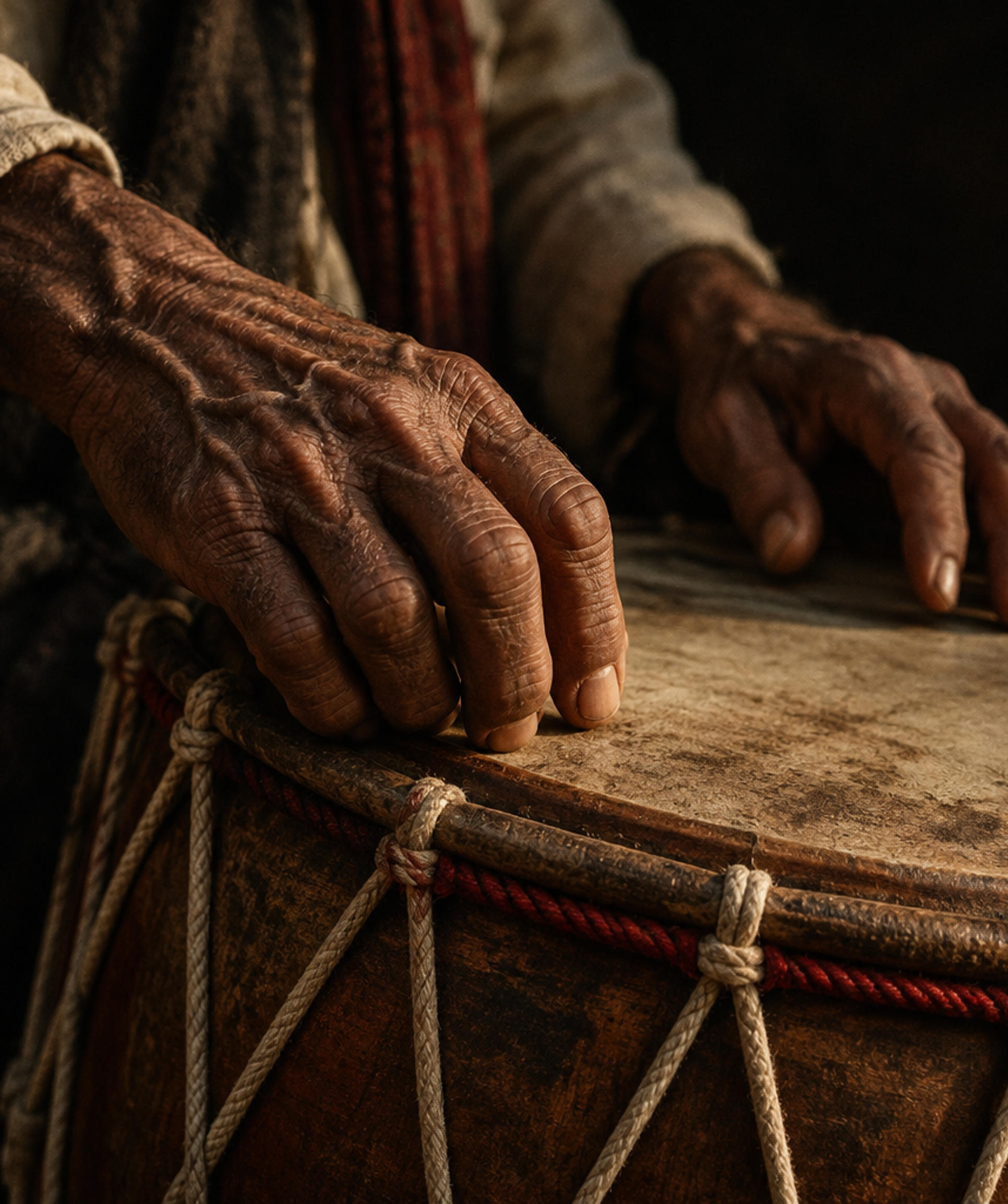 Aged hands resting on a traditional dhol drum